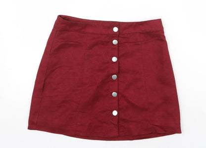 H&M Womens Red Polyester A-Line Skirt Size 8 Button