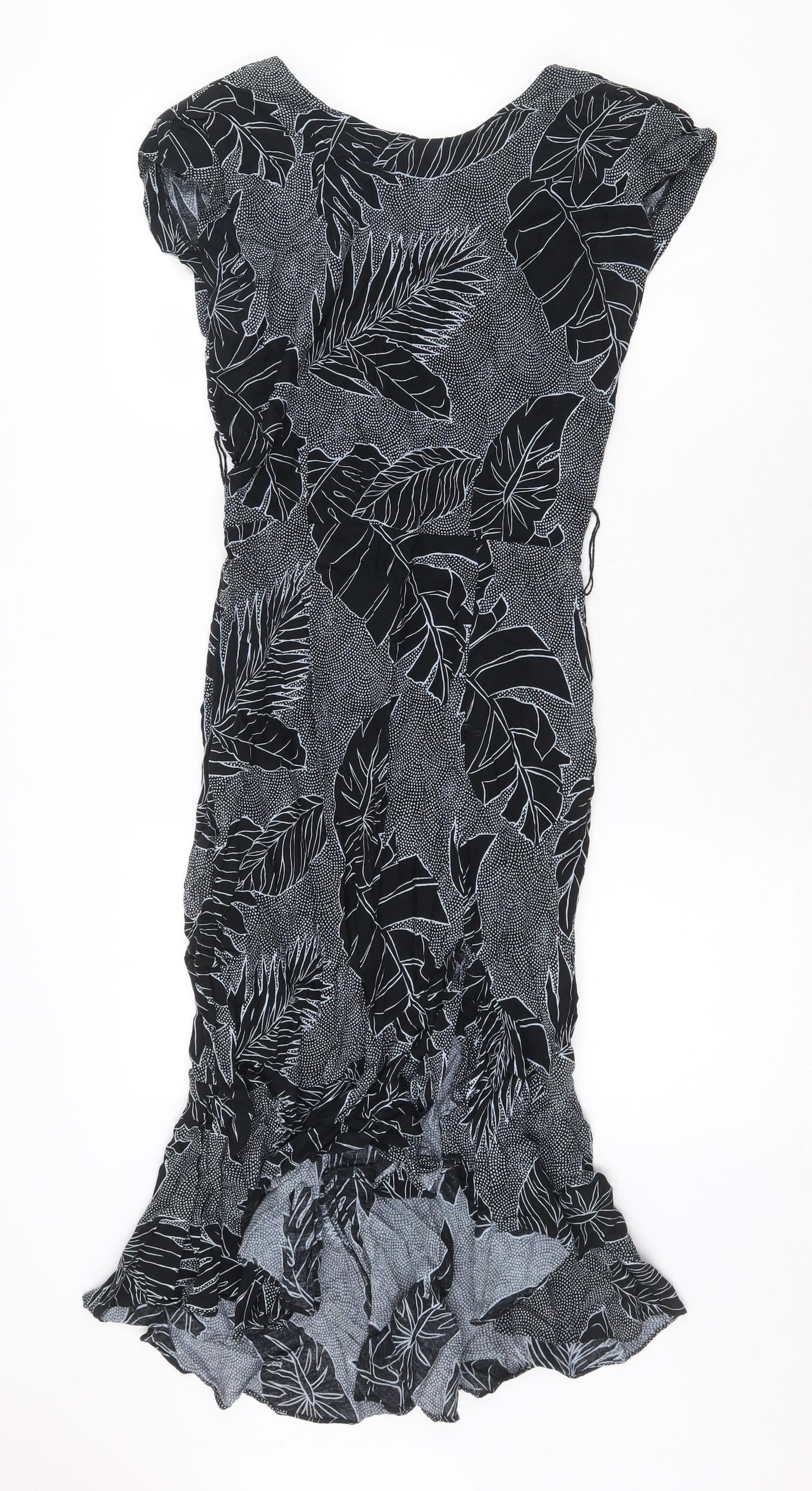 All That Jayy Womens Black Geometric Viscose Mermaid Size 10 Boat Neck Zip - Leaf Pattern