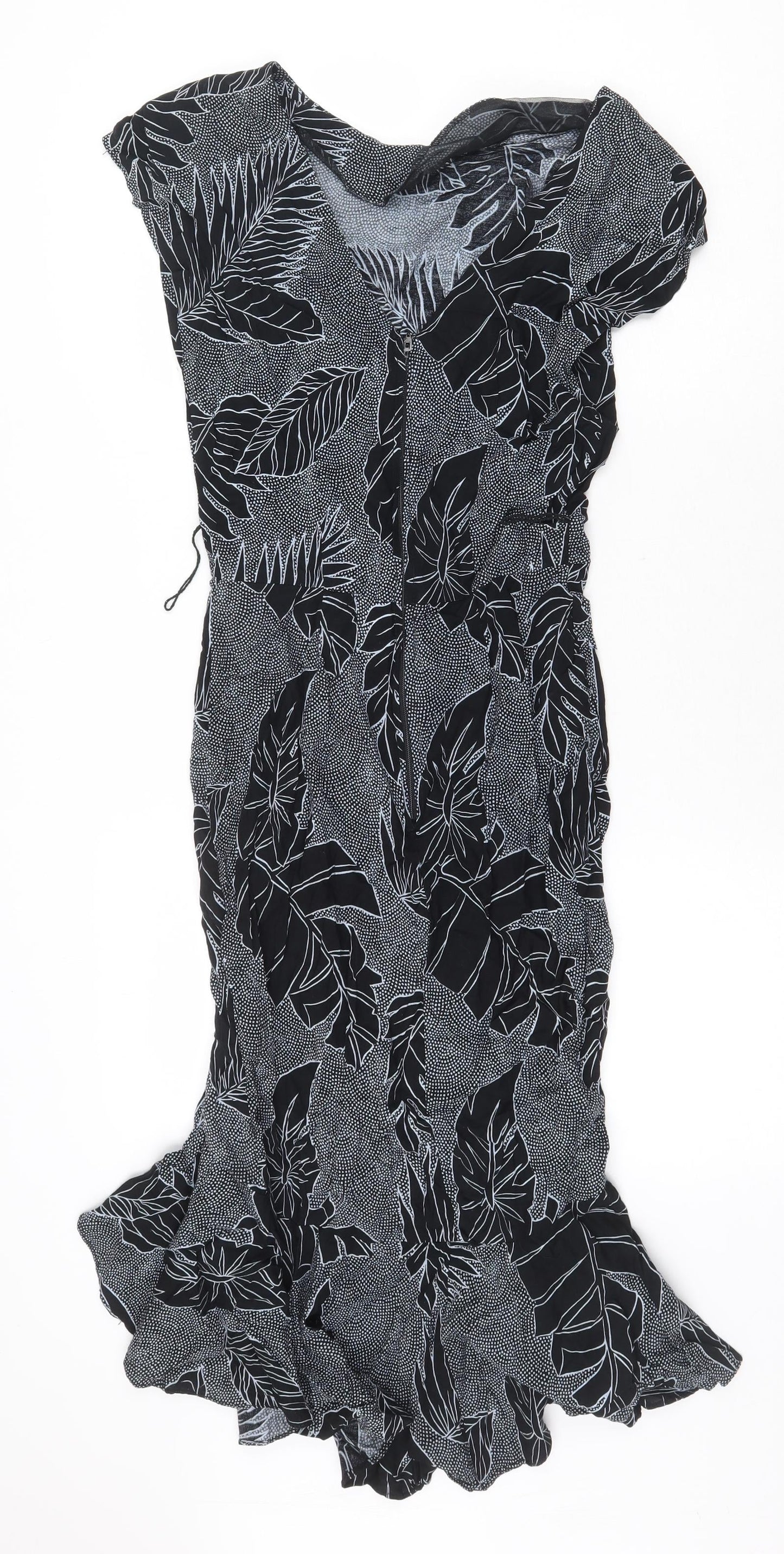 All That Jayy Womens Black Geometric Viscose Mermaid Size 10 Boat Neck Zip - Leaf Pattern