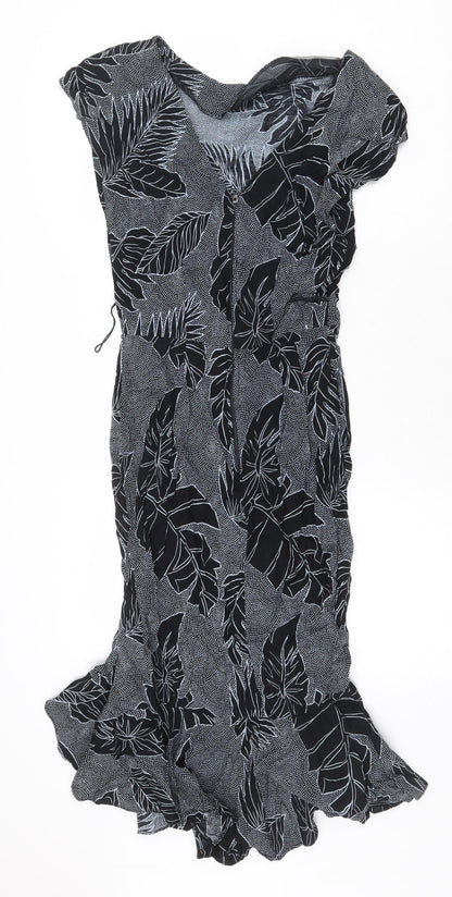 All That Jayy Womens Black Geometric Viscose Mermaid Size 10 Boat Neck Zip - Leaf Pattern