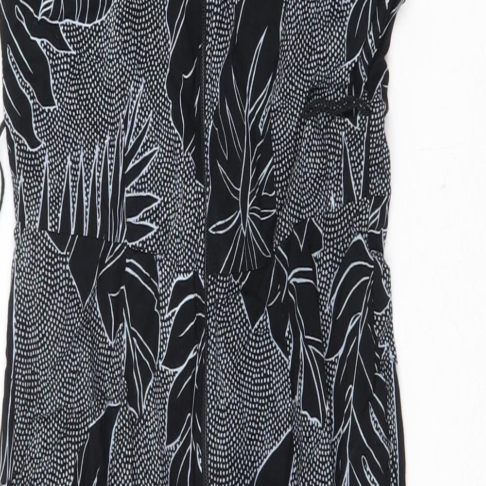 All That Jayy Womens Black Geometric Viscose Mermaid Size 10 Boat Neck Zip - Leaf Pattern