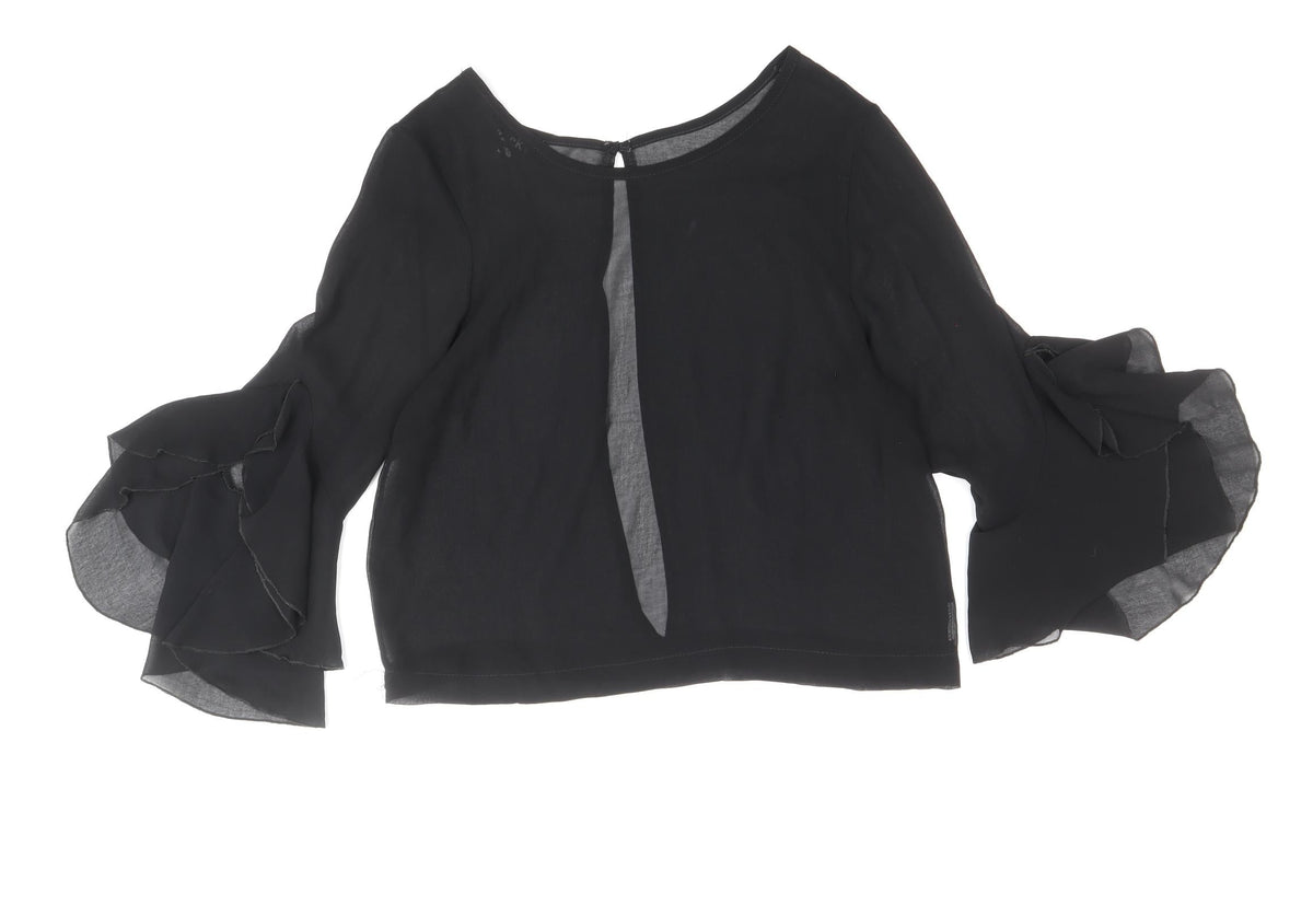 Zack Womens Black Polyester Basic Blouse Size M Boat Neck - Bell Sleeve, Open Back