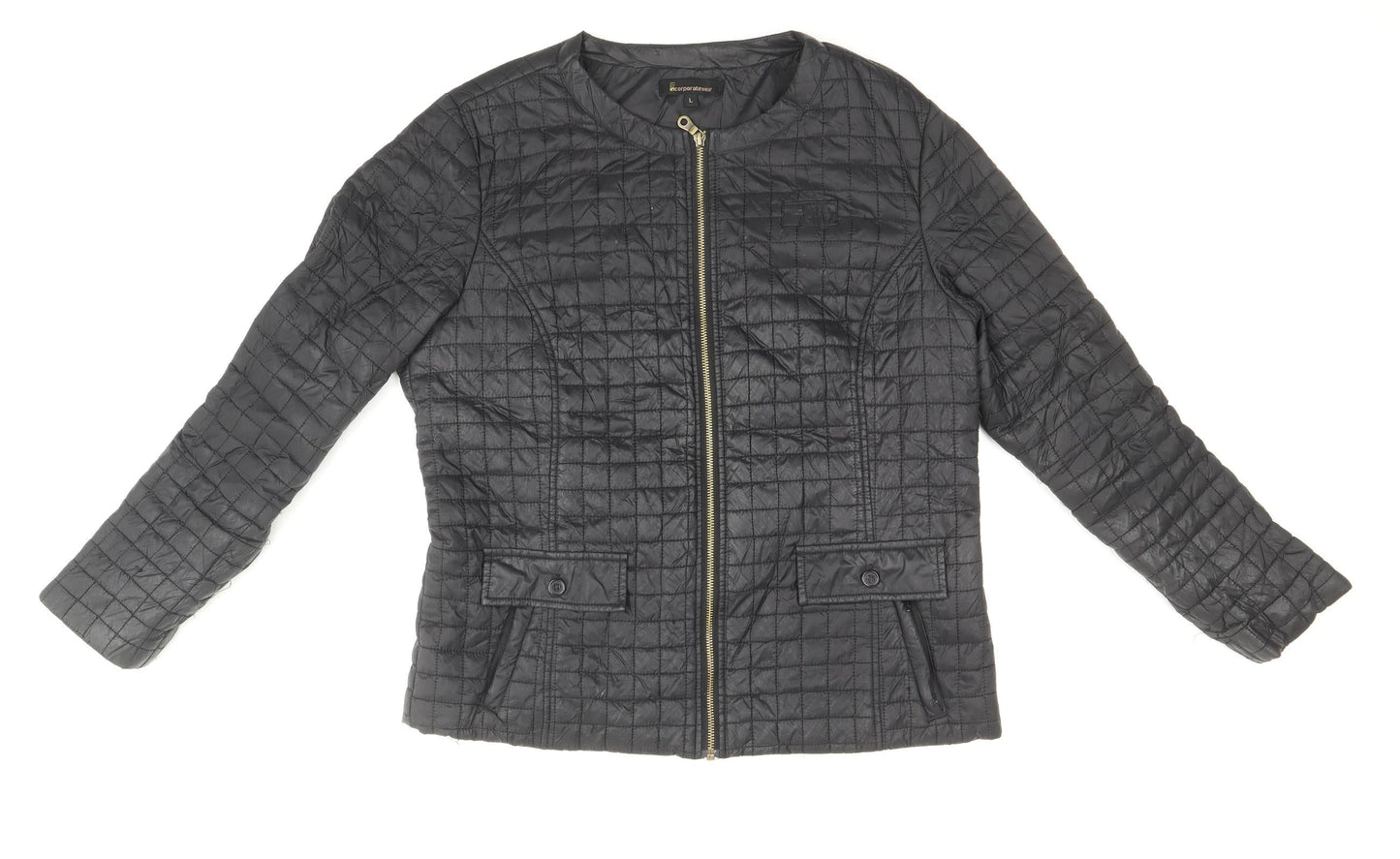 Incorporate Wear Womens Black Geometric Quilted Jacket Size L Zip