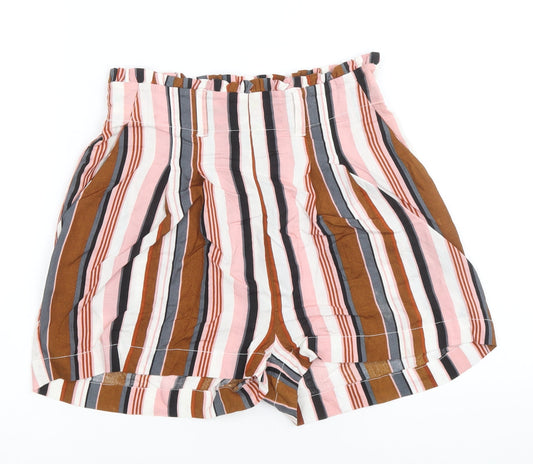 Primark Womens Multicoloured Striped Viscose Paperbag Shorts Size 4 Regular Pull On