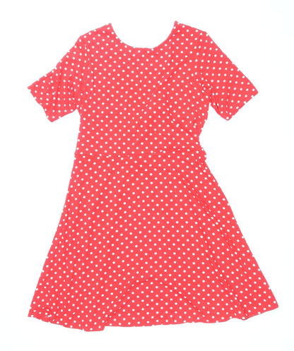 ASOS Womens Red Polka Dot Viscose Skater Dress Size 14 Round Neck Tie