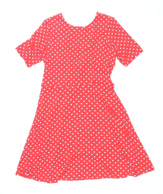 ASOS Womens Red Polka Dot Viscose Skater Dress Size 14 Round Neck Tie