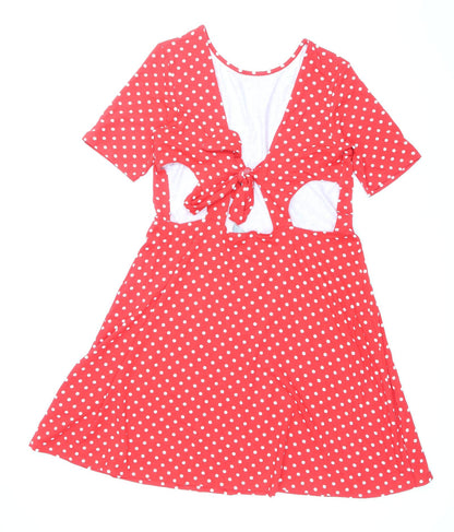 ASOS Womens Red Polka Dot Viscose Skater Dress Size 14 Round Neck Tie