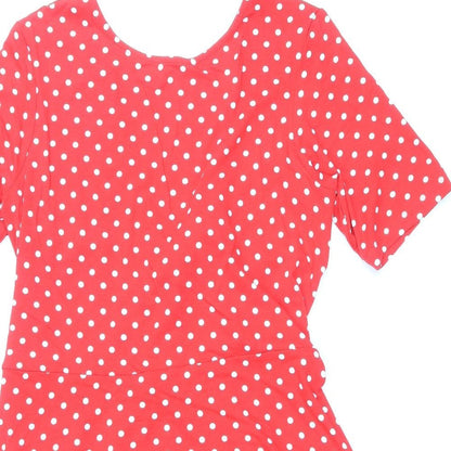 ASOS Womens Red Polka Dot Viscose Skater Dress Size 14 Round Neck Tie