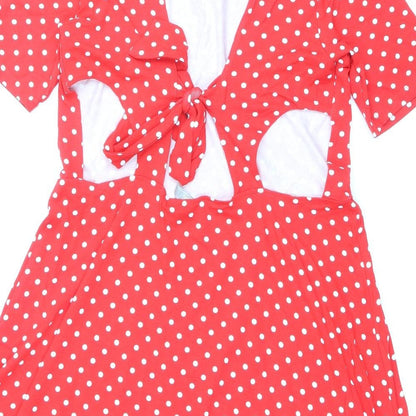 ASOS Womens Red Polka Dot Viscose Skater Dress Size 14 Round Neck Tie