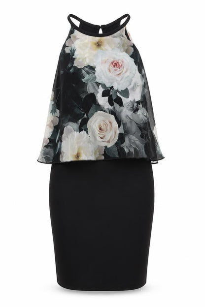 Lipsy Womens Black Floral Polyester Pencil Dress Size S Halter Button