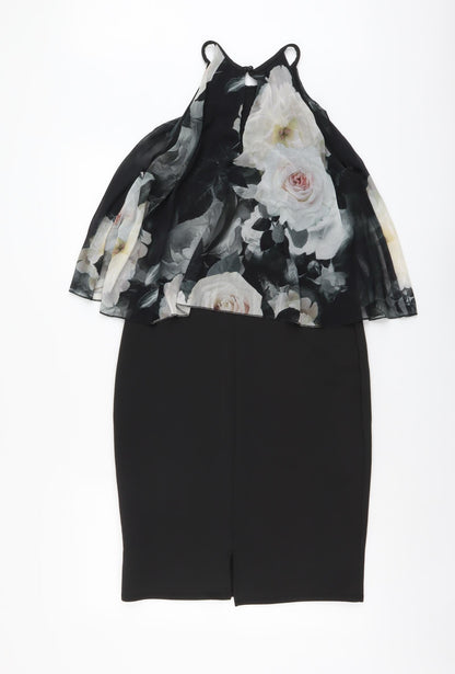 Lipsy Womens Black Floral Polyester Pencil Dress Size S Halter Button