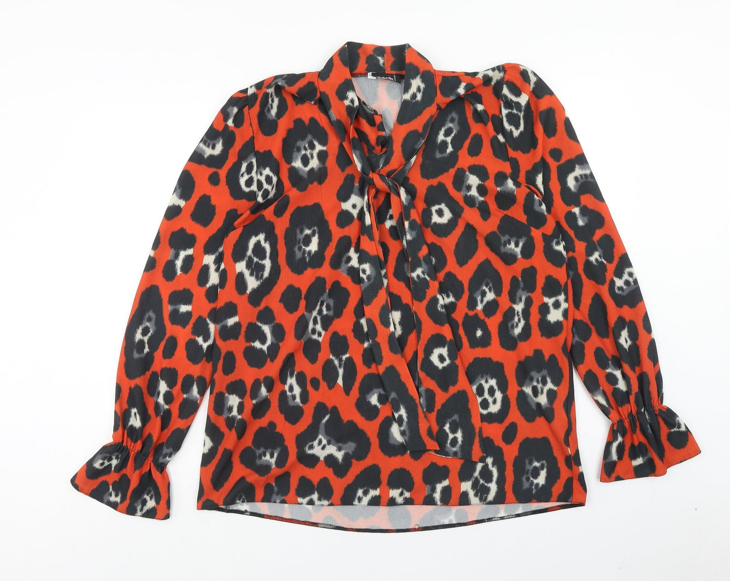 Zack London Womens Orange Animal Print Polyester Basic Blouse Size 12 V-Neck - Leopard Print Pussy Bow