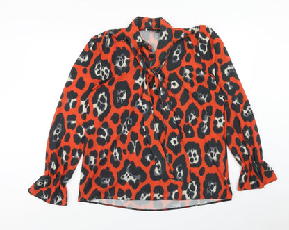 Zack London Womens Orange Animal Print Polyester Basic Blouse Size 12 V-Neck - Leopard Print Pussy Bow