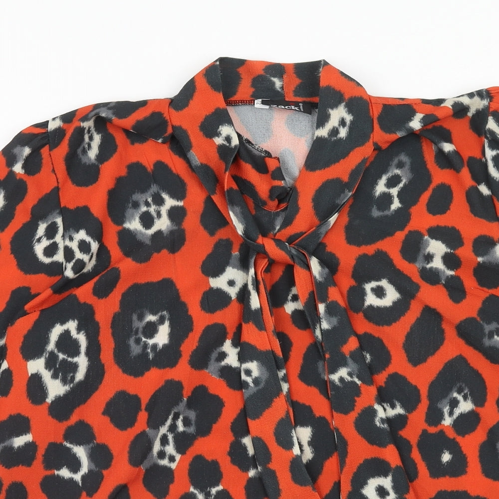 Zack London Womens Orange Animal Print Polyester Basic Blouse Size 12 V-Neck - Leopard Print Pussy Bow