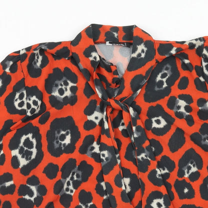 Zack London Womens Orange Animal Print Polyester Basic Blouse Size 12 V-Neck - Leopard Print Pussy Bow