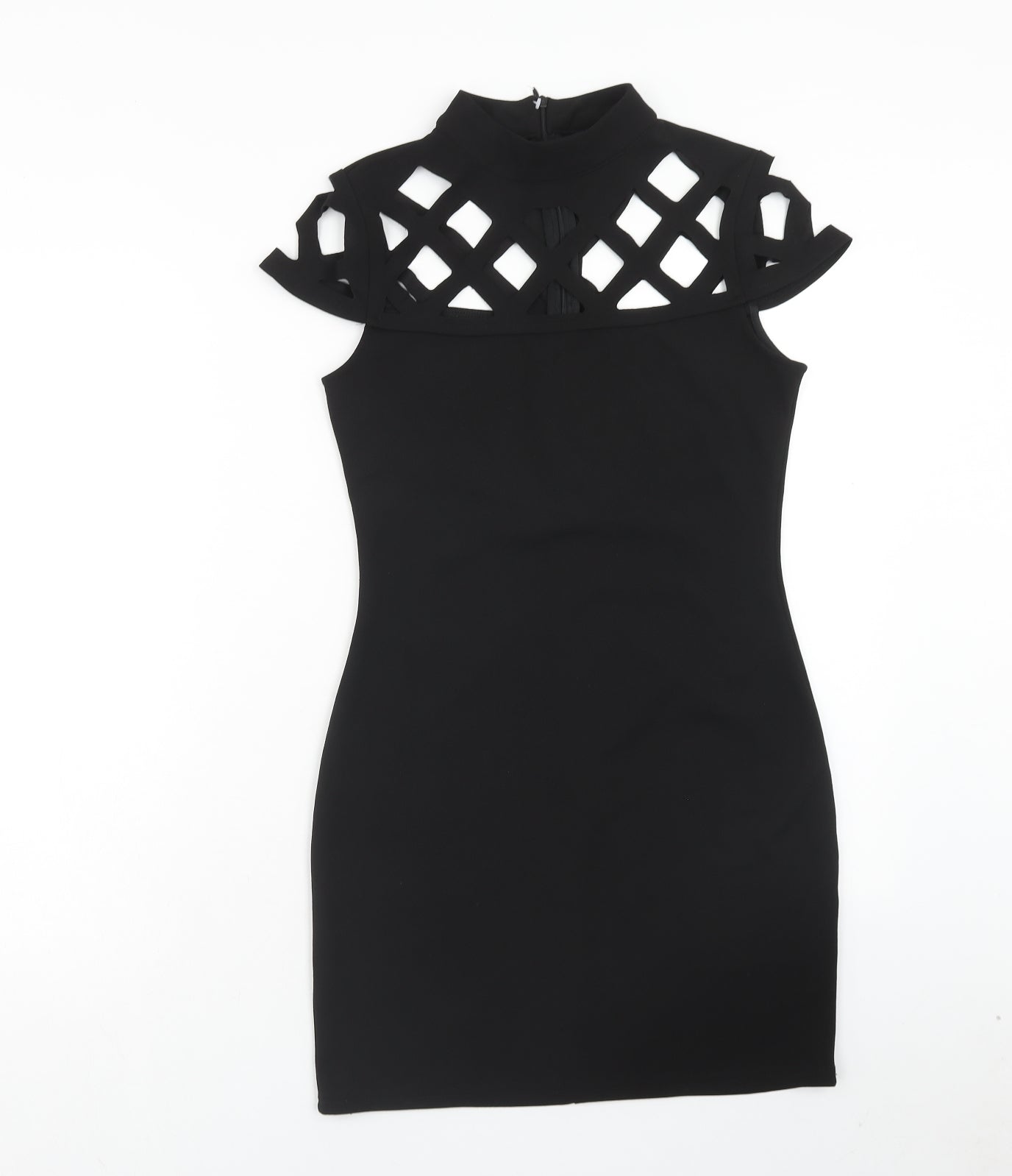 Quiz Womens Black Polyester Mini Size 10 Mock Neck Zip - Lattice Detail