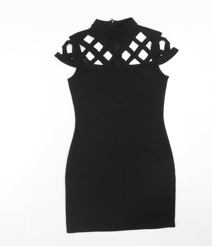 Quiz Womens Black Polyester Mini Size 10 Mock Neck Zip - Lattice Detail