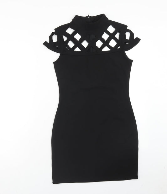 Quiz Womens Black Polyester Mini Size 10 Mock Neck Zip - Lattice Detail