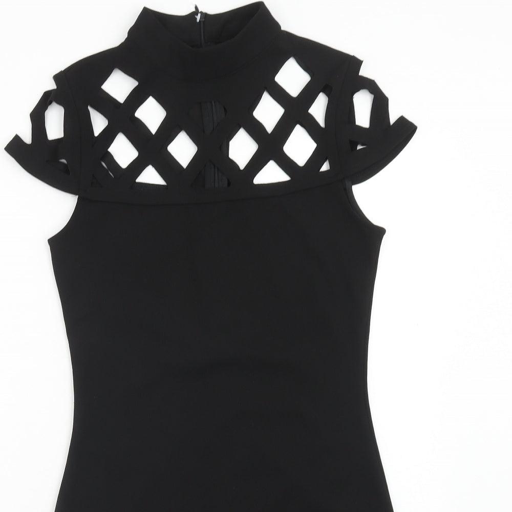 Quiz Womens Black Polyester Mini Size 10 Mock Neck Zip - Lattice Detail