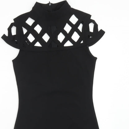 Quiz Womens Black Polyester Mini Size 10 Mock Neck Zip - Lattice Detail