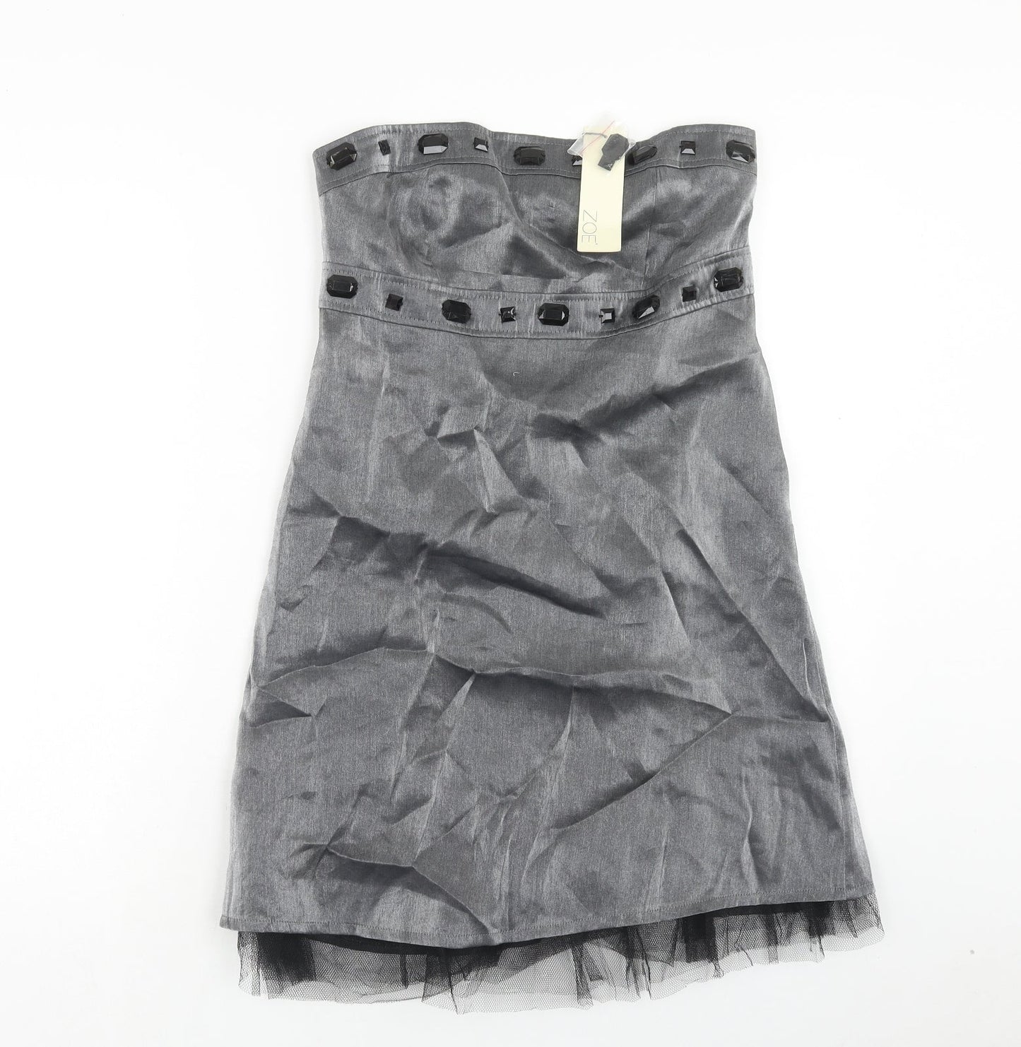 Zoe Womens Silver Viscose Shift Size 10 Off the Shoulder Zip - Tulle Detail
