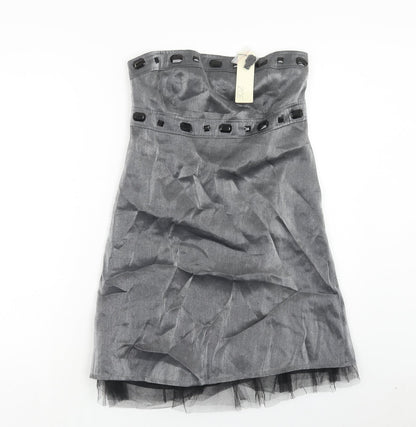 Zoe Womens Silver Viscose Shift Size 10 Off the Shoulder Zip - Tulle Detail