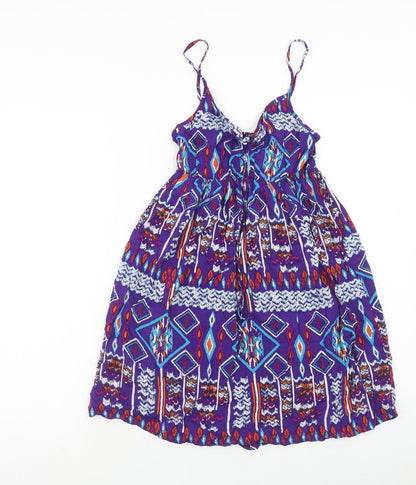 Dunnes Stores Womens Purple Geometric Viscose Skater Dress Size 8 V-Neck Pullover