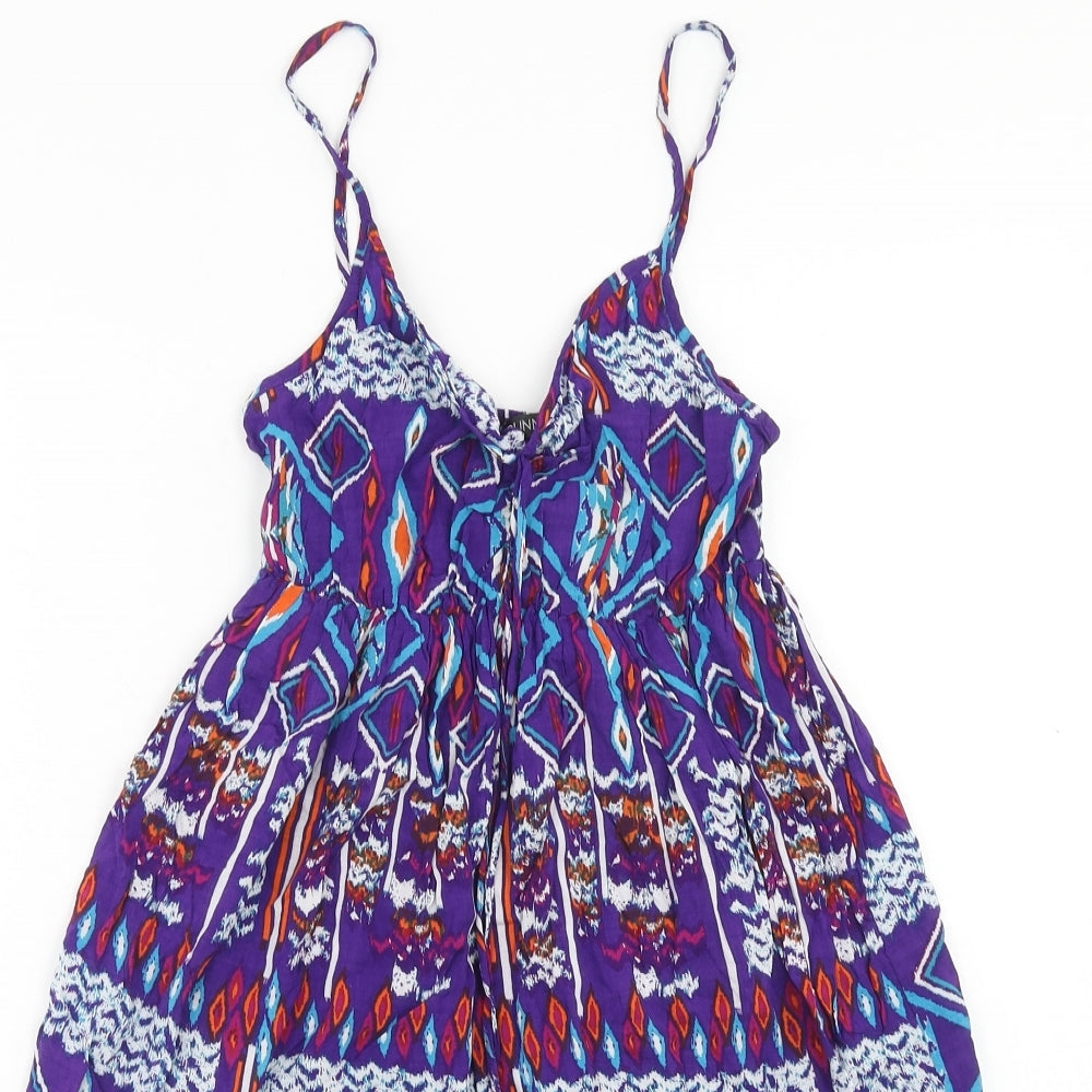 Dunnes Stores Womens Purple Geometric Viscose Skater Dress Size 8 V-Neck Pullover