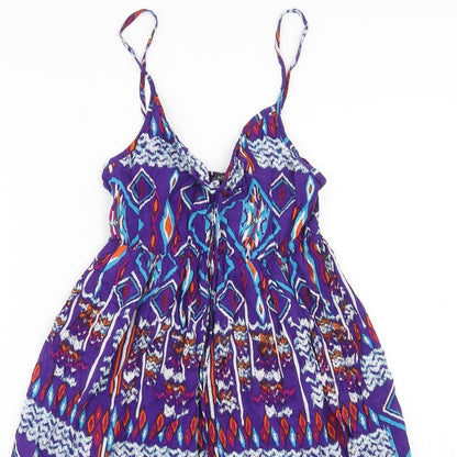 Dunnes Stores Womens Purple Geometric Viscose Skater Dress Size 8 V-Neck Pullover