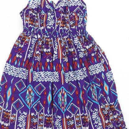 Dunnes Stores Womens Purple Geometric Viscose Skater Dress Size 8 V-Neck Pullover