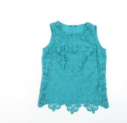 F&F Womens Blue Floral Polyester Basic Tank Size 6 Round Neck