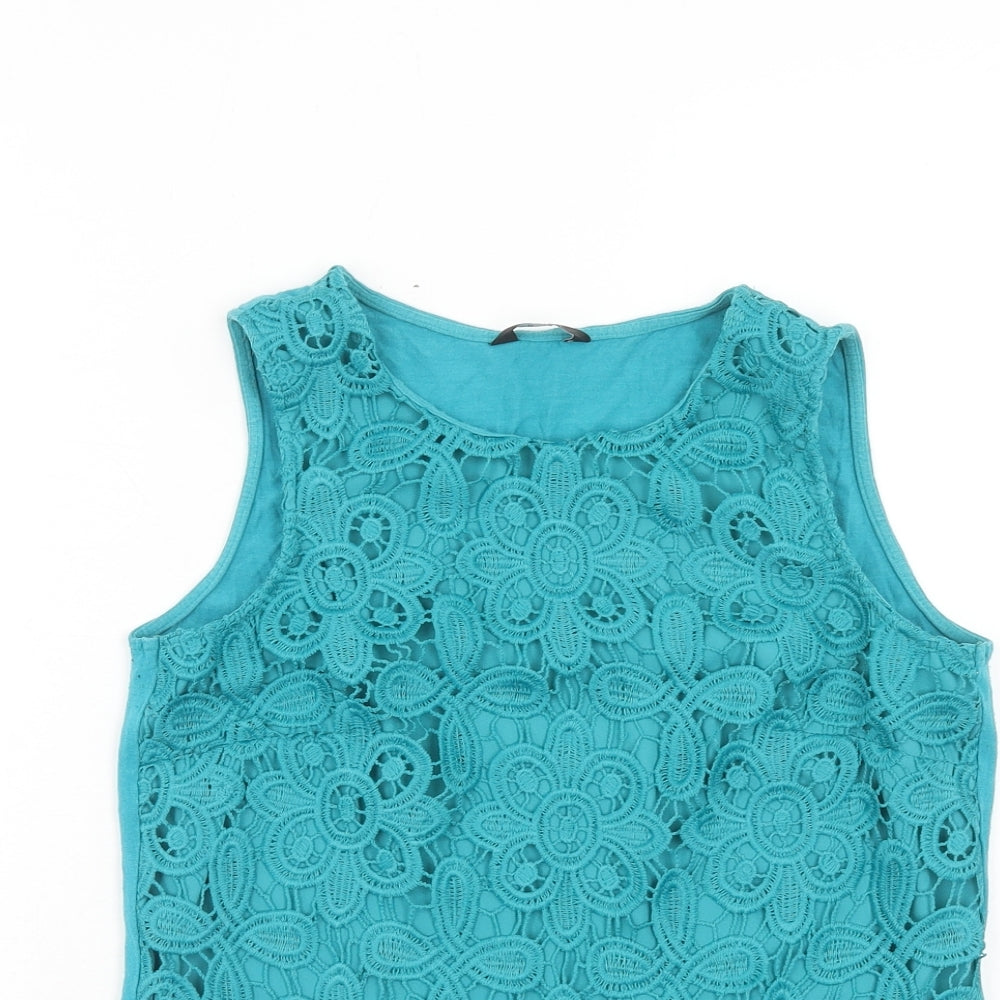 F&F Womens Blue Floral Polyester Basic Tank Size 6 Round Neck