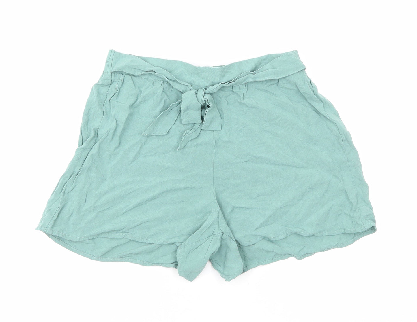 Primark Womens Green Viscose Paperbag Shorts Size 8 Regular Pull On