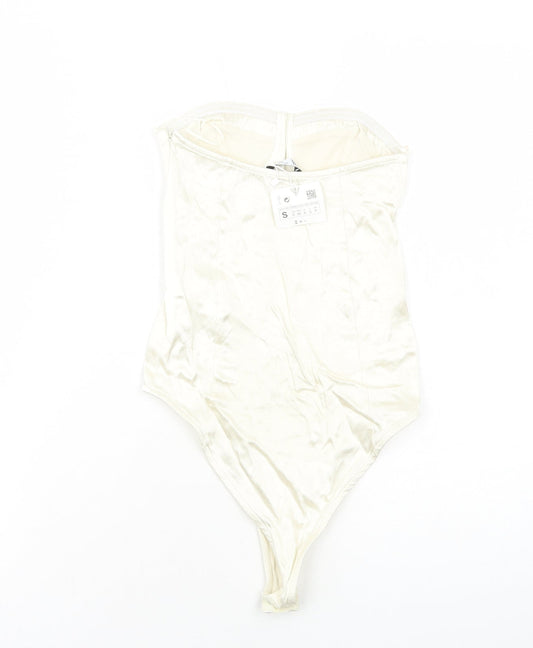 Zara Womens Ivory Viscose Bodysuit One-Piece Size S Zip