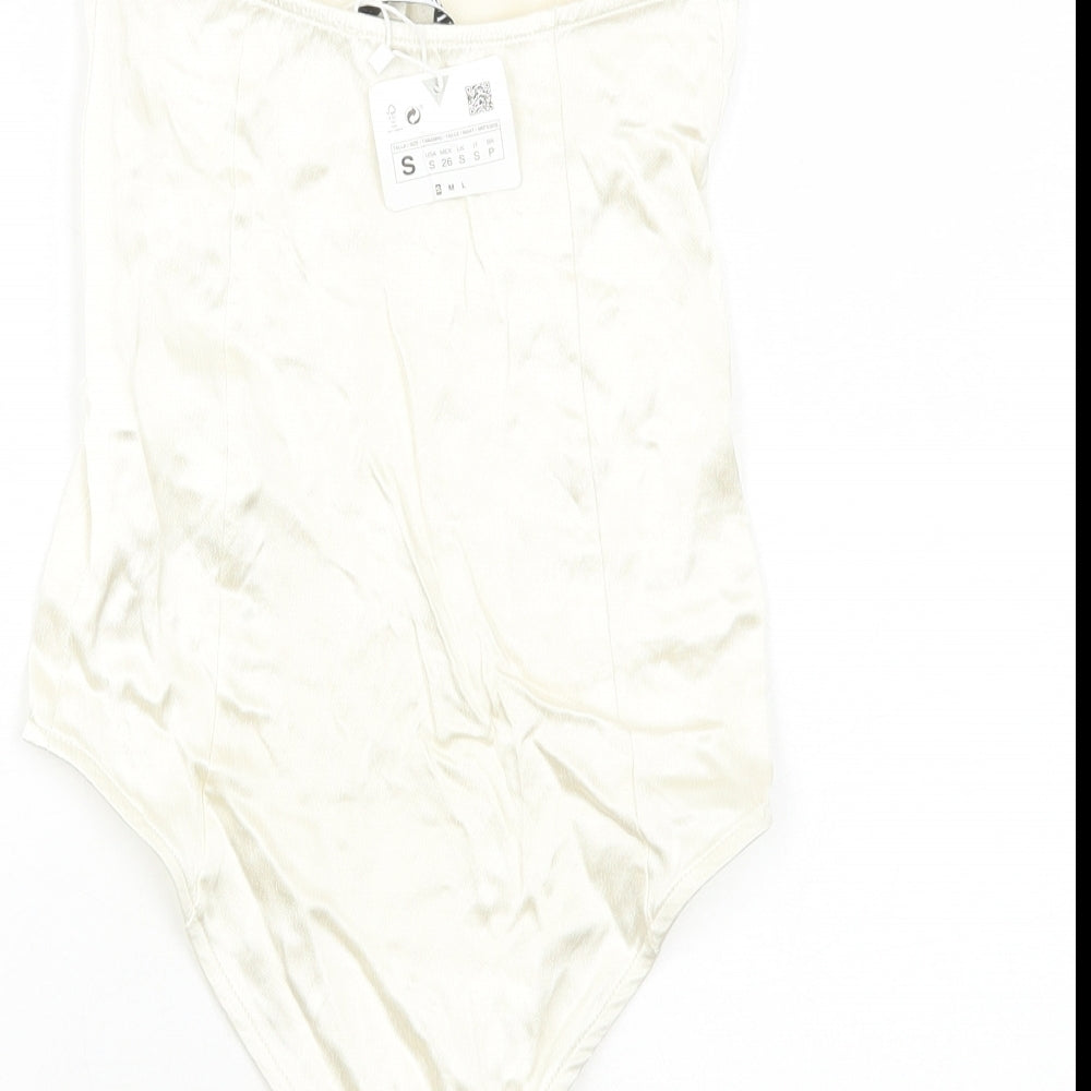 Zara Womens Ivory Viscose Bodysuit One-Piece Size S Zip