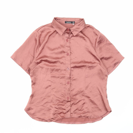 Boohoo Womens Pink Polyester Basic Button-Up Size 12 Collared