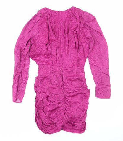 Zara Womens Pink Animal Print Polyester Bodycon Size XS V-Neck Zip - Pleat Detail