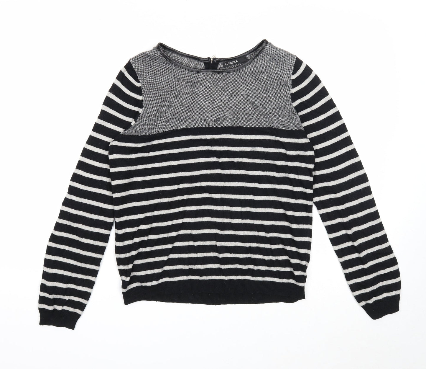 Autograph Womens Black Boat Neck Striped Viscose Pullover Jumper Size 12 - Leatherette Neck Trim