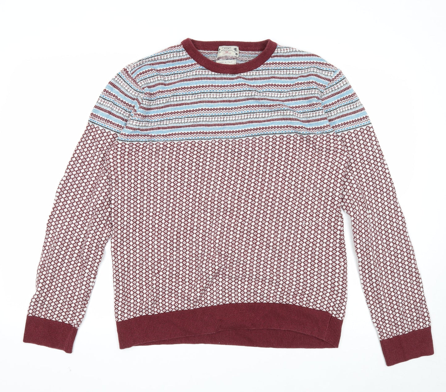NEXT Mens Multicoloured Round Neck Geometric Cotton Pullover Jumper Size L Long Sleeve