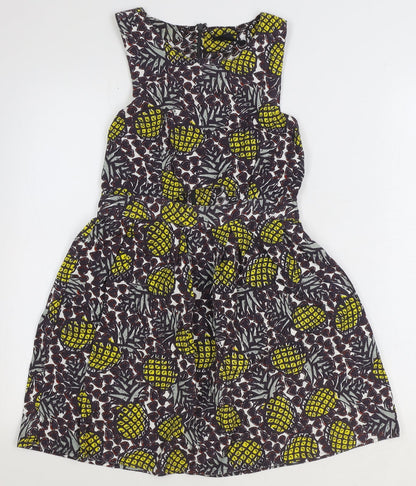 Topshop Womens Brown Geometric 100% Cotton Mini Size 10 Boat Neck Zip - Pineapple Print