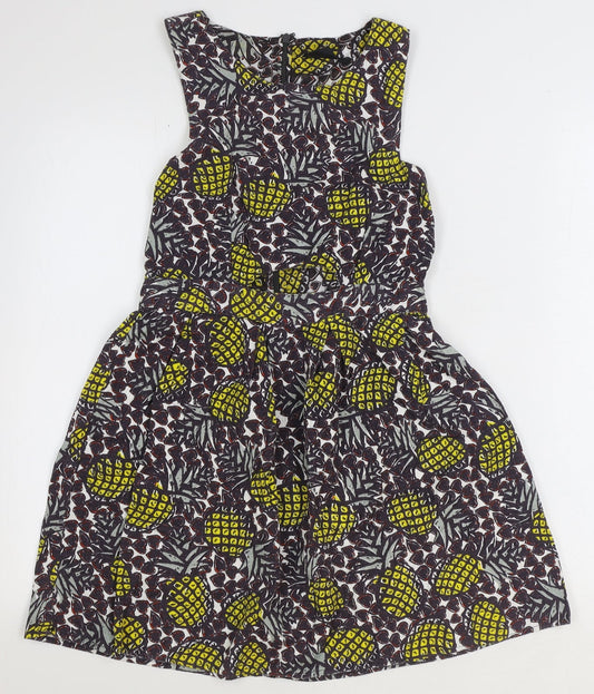 Topshop Womens Brown Geometric 100% Cotton Mini Size 10 Boat Neck Zip - Pineapple Print