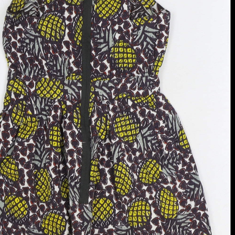 Topshop Womens Brown Geometric 100% Cotton Mini Size 10 Boat Neck Zip - Pineapple Print