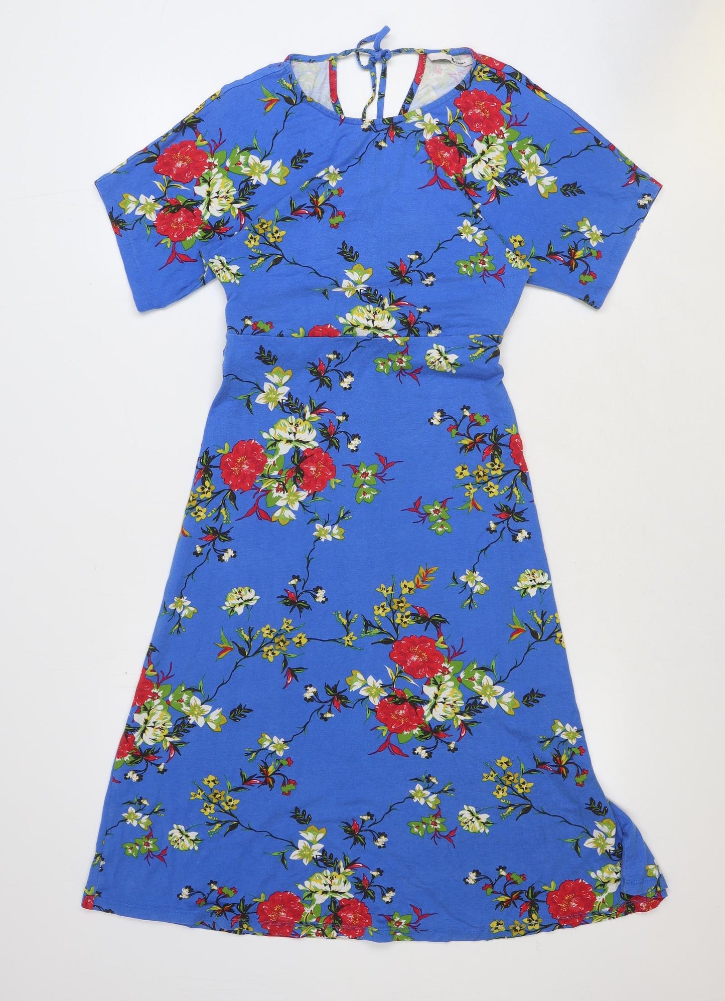 TU Womens Blue Floral Viscose A-Line Size 8 Boat Neck Tie
