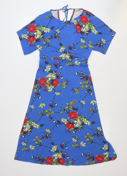 TU Womens Blue Floral Viscose A-Line Size 8 Boat Neck Tie