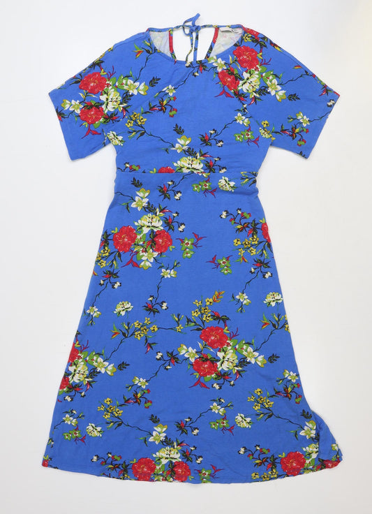 TU Womens Blue Floral Viscose A-Line Size 8 Boat Neck Tie