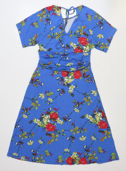 TU Womens Blue Floral Viscose A-Line Size 8 Boat Neck Tie