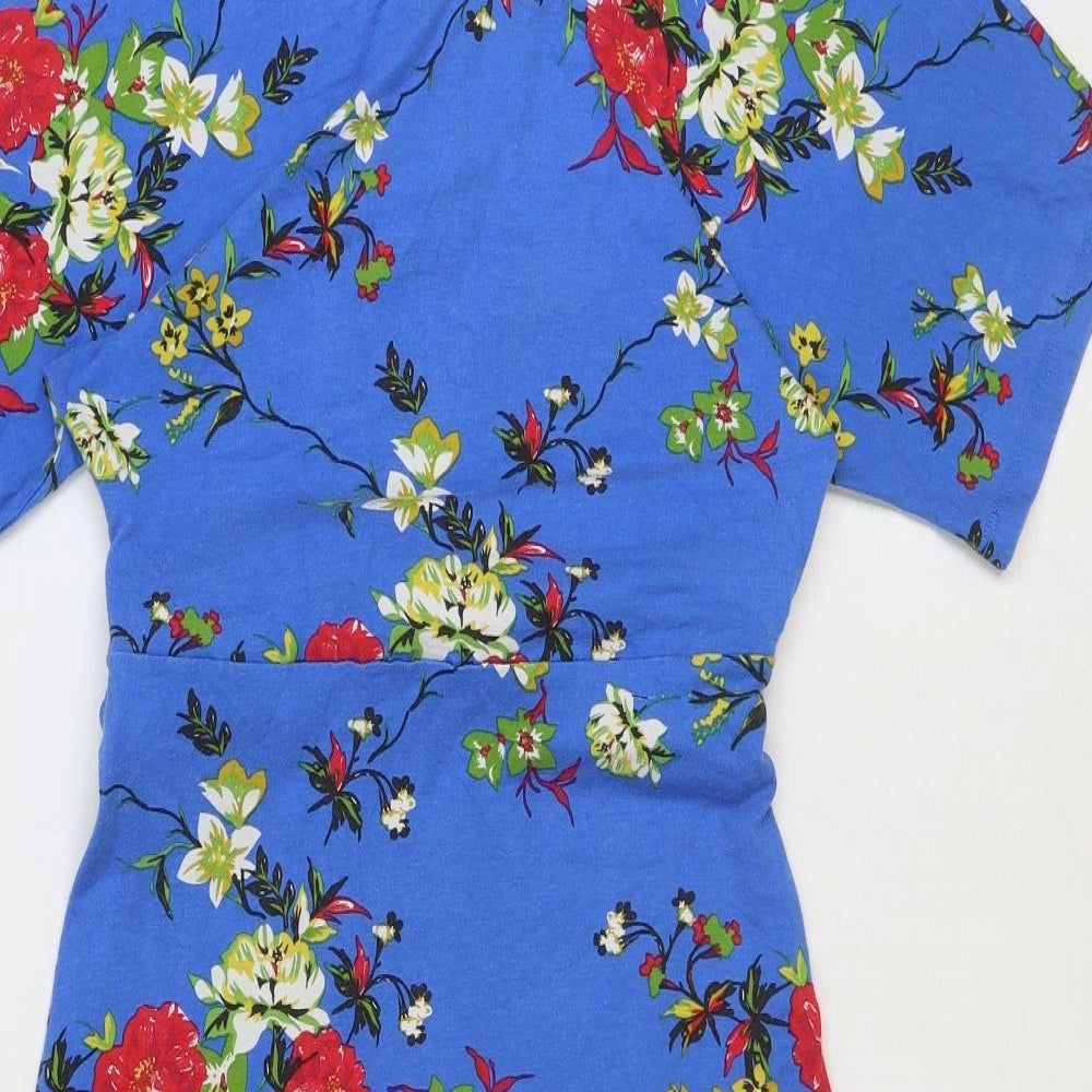 TU Womens Blue Floral Viscose A-Line Size 8 Boat Neck Tie