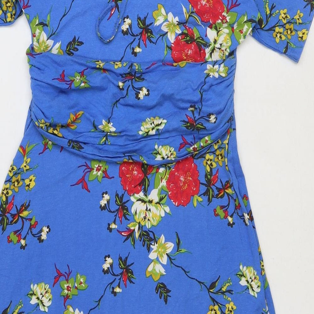 TU Womens Blue Floral Viscose A-Line Size 8 Boat Neck Tie