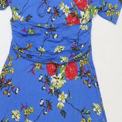 TU Womens Blue Floral Viscose A-Line Size 8 Boat Neck Tie