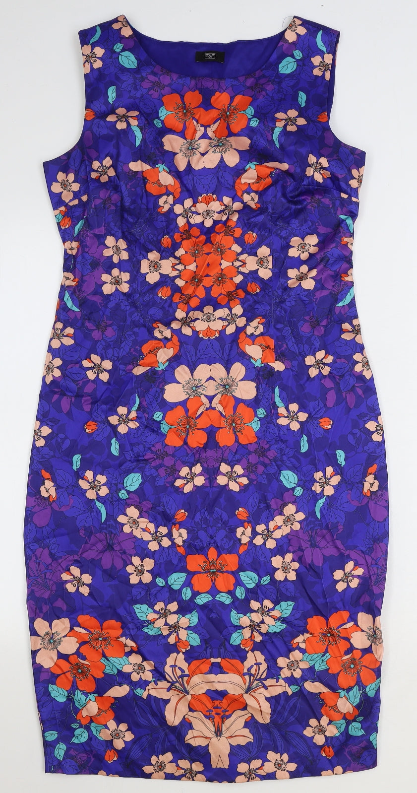 F&F Womens Blue Floral Polyester Pencil Dress Size 10 Boat Neck Zip